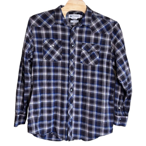 WindRiver Mens plaid medium weight flannel Pearl snap 2XLT blue brown white‎